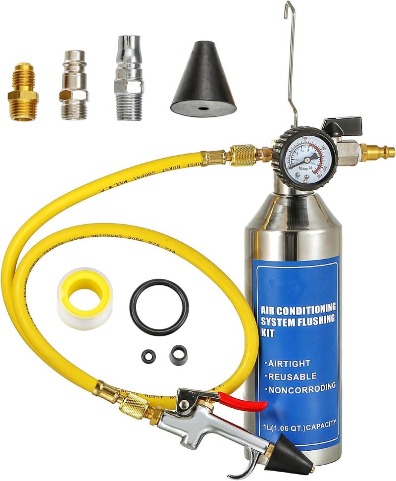 Gnhydxfe AC Flush Kit, Automotive air Conditioning Pipeline Cleaning Tool Home A/C Flush Tool,R134A R12 R22 R404 R410A AC System Flush Kit Can Tool with 220PSI Gauge, Air Fittings and Hose - Image 1